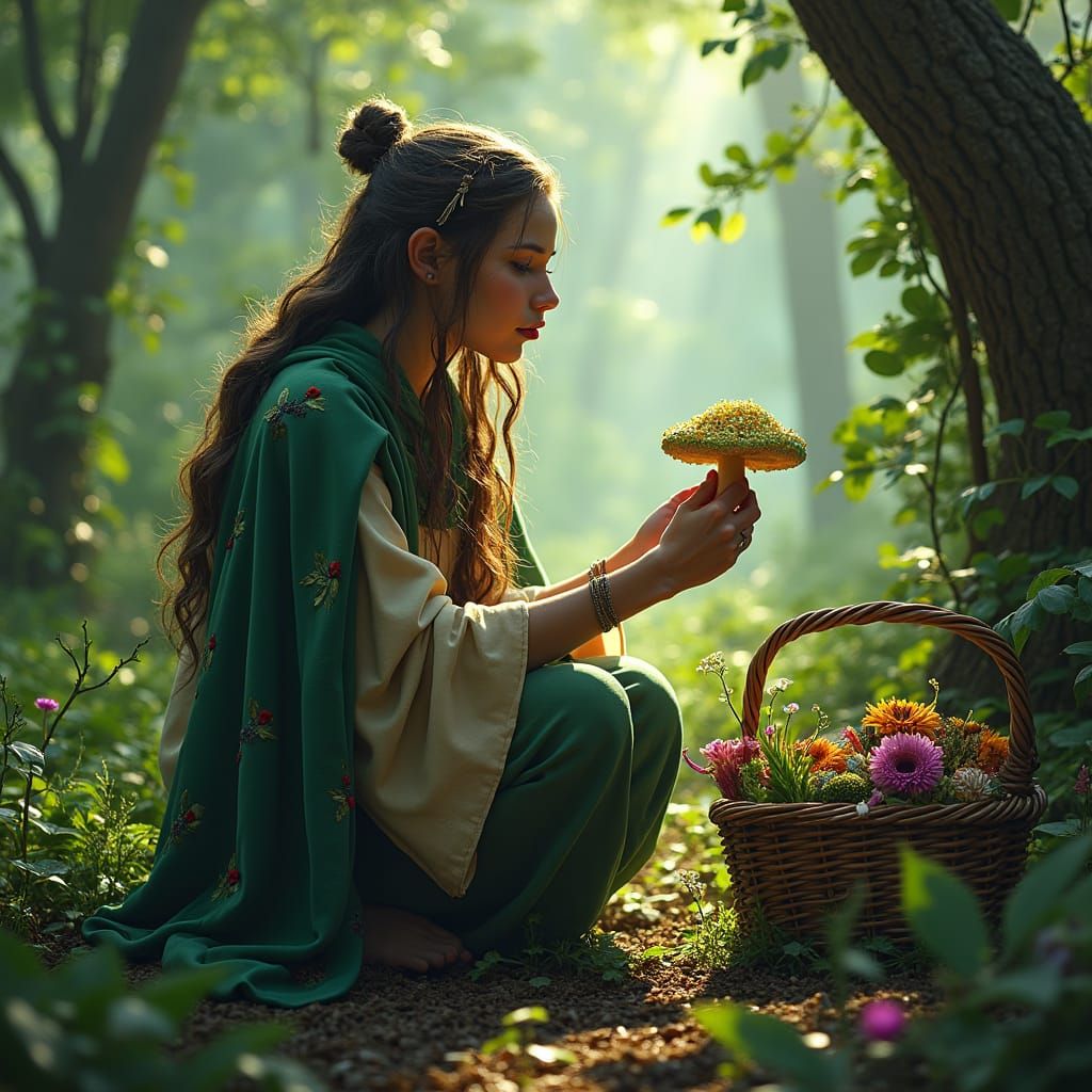 Druid Gathering Mystical Plants in Lush Forest