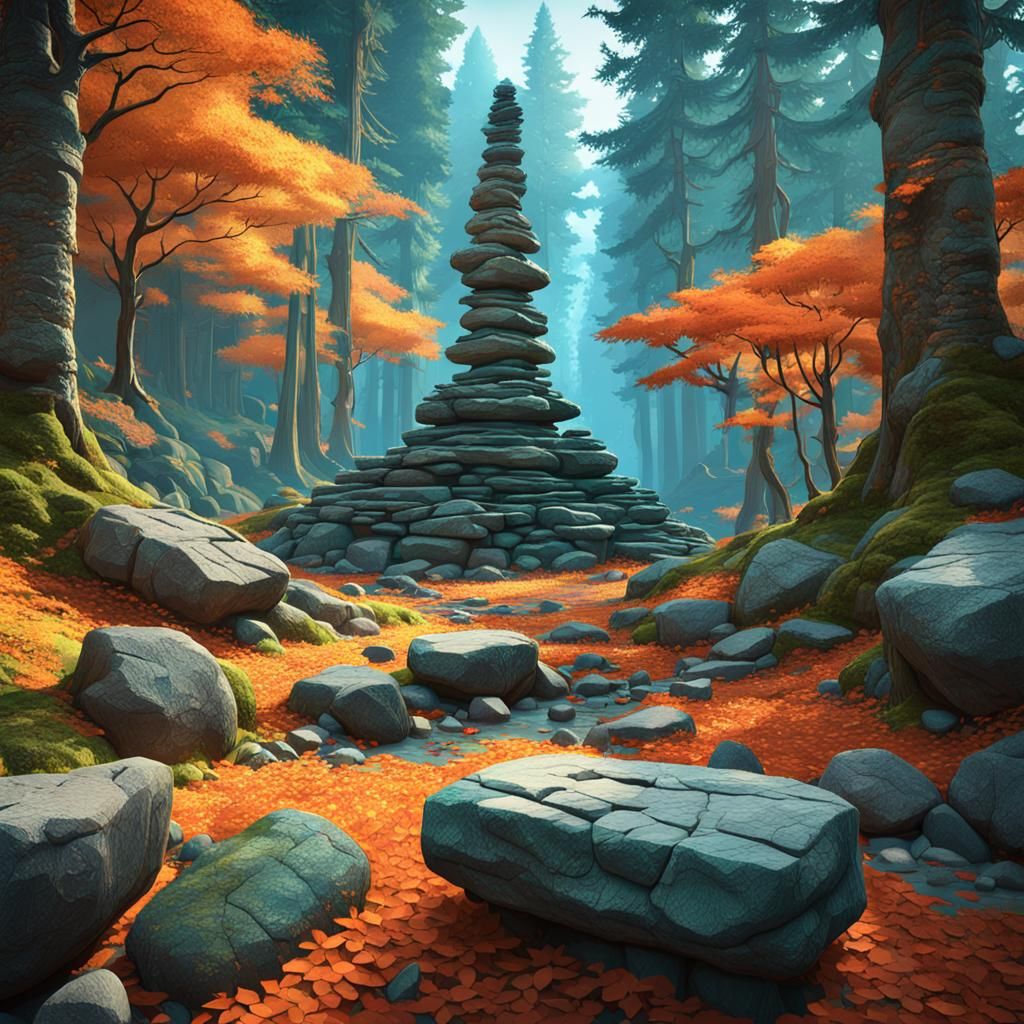 Hyperrealistic Forest of Stone Cairns Concept Art