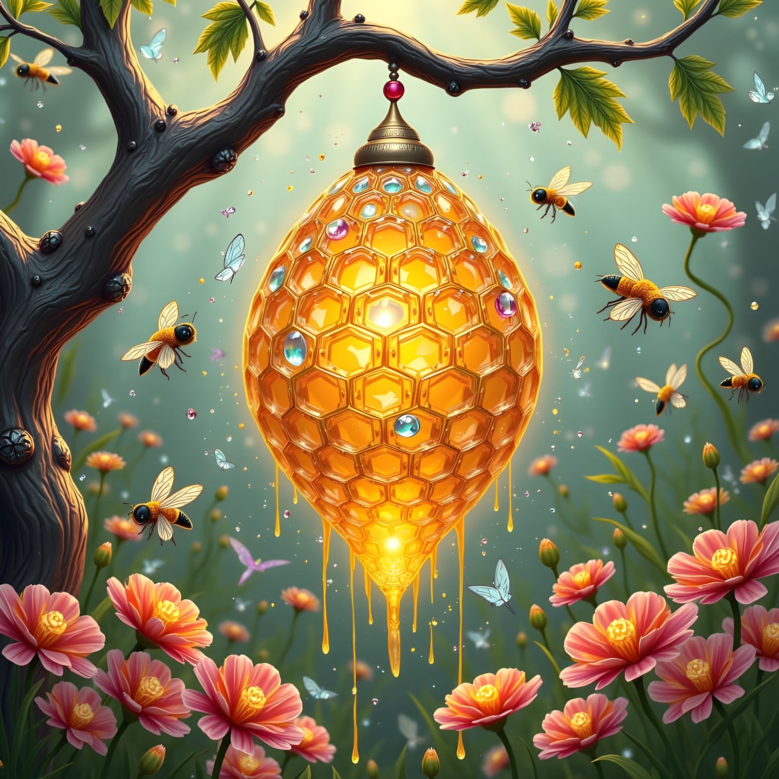 Whimsical Crystal-Encrusted Beehive in a Vibrant Meadow