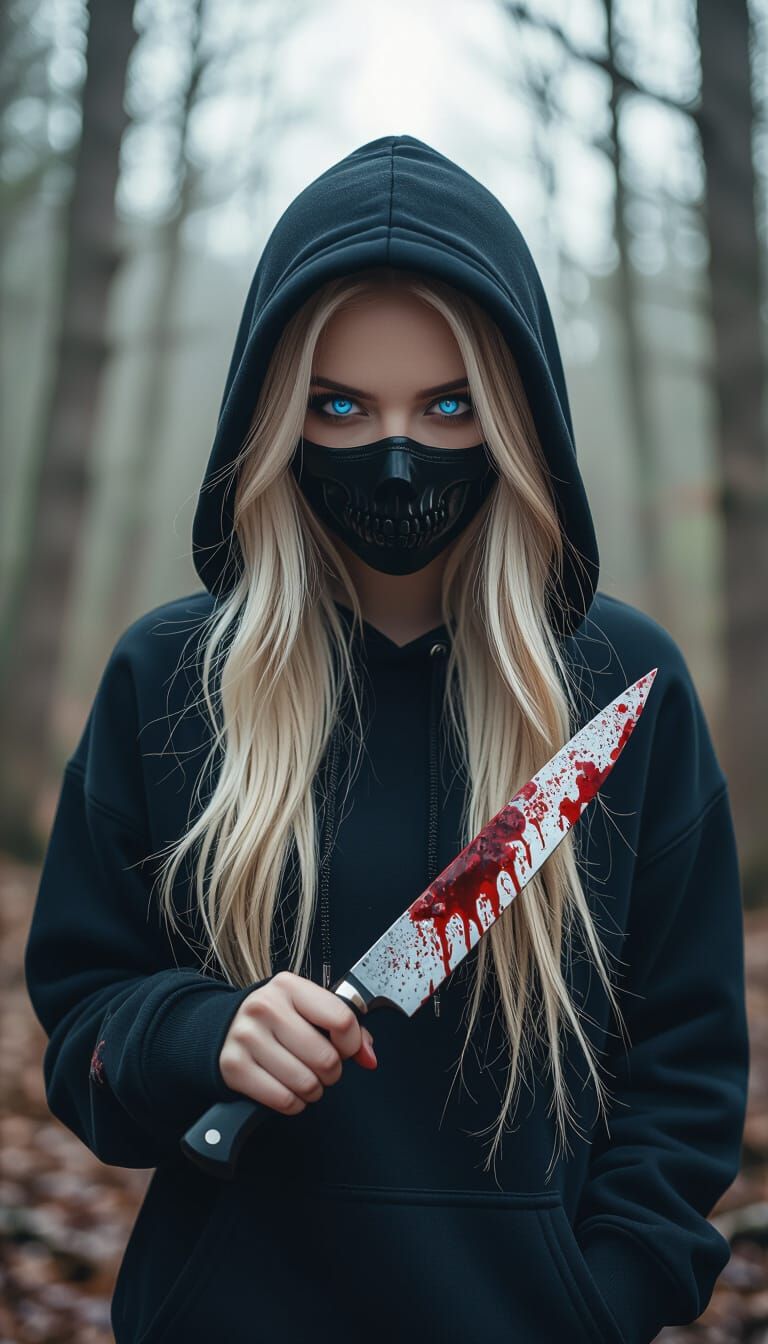 Mysterious Woman with Knife in Woods, Dramatic Lighting