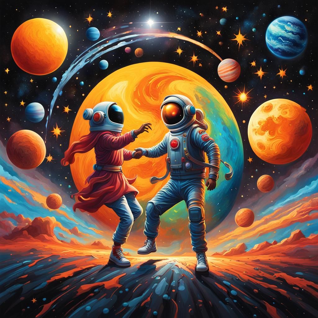 Astronaut Couple Dancing in Space