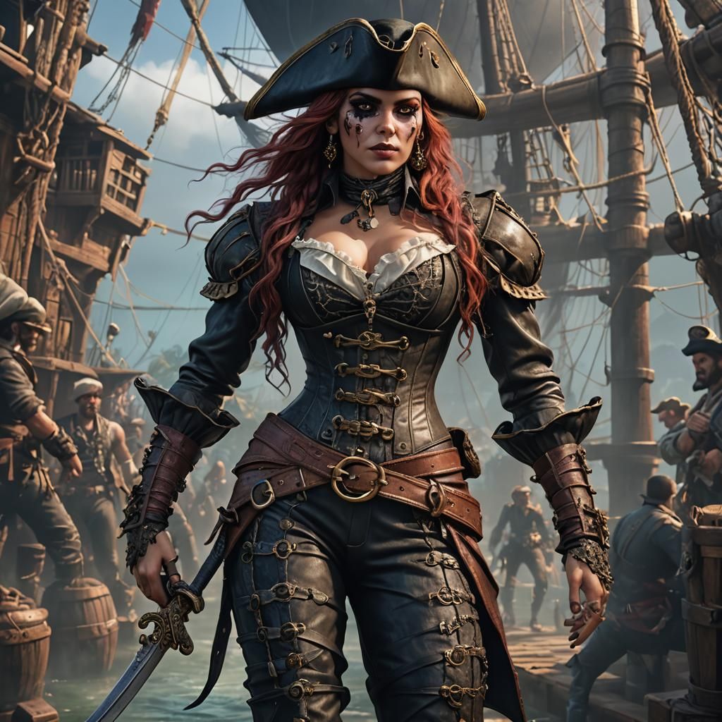Female Pirate in Corset, Detailed Matte Painting