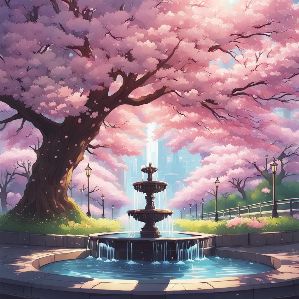 Cherry Blossom Fountain in Anime Style