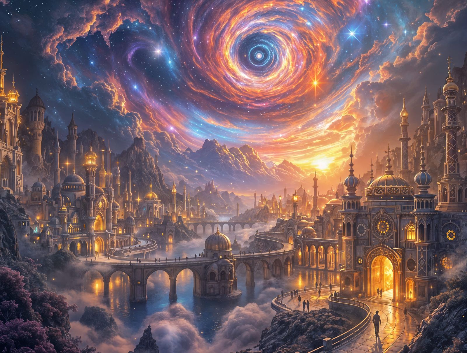 Golden City Under Celestial Vortex: Hyperrealistic Dreamscap...