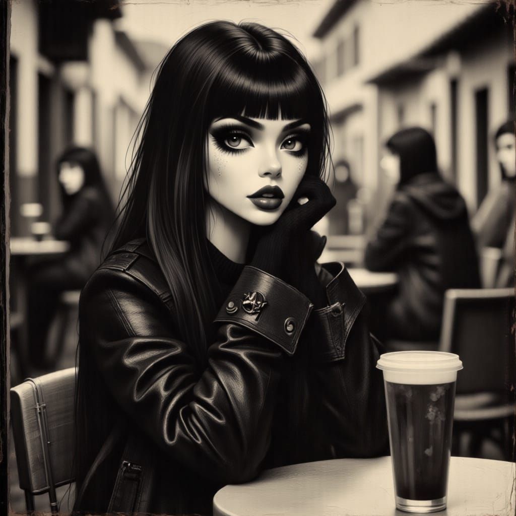 A young Italian woman in goth grunge clothing sitting at a cafe in a small Italian town. Federico Fellini style. <lora:G...