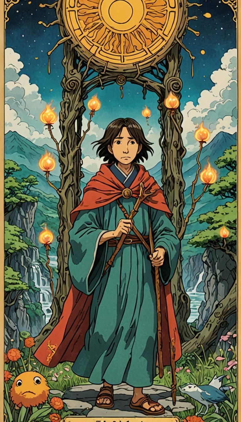 King of Wands Tarot Card in Ghibli Style