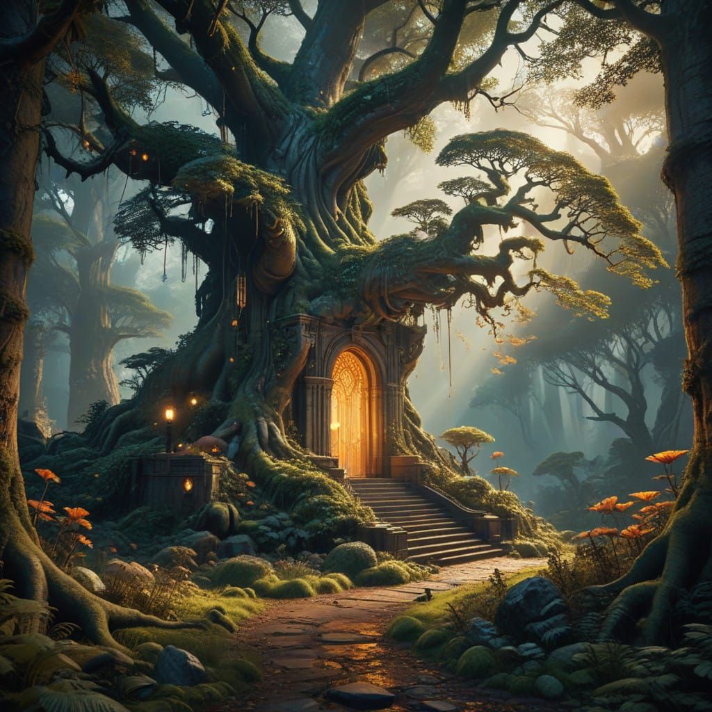 Epic Fantasy Scene in Golden Sunset Light with Intricate Det...