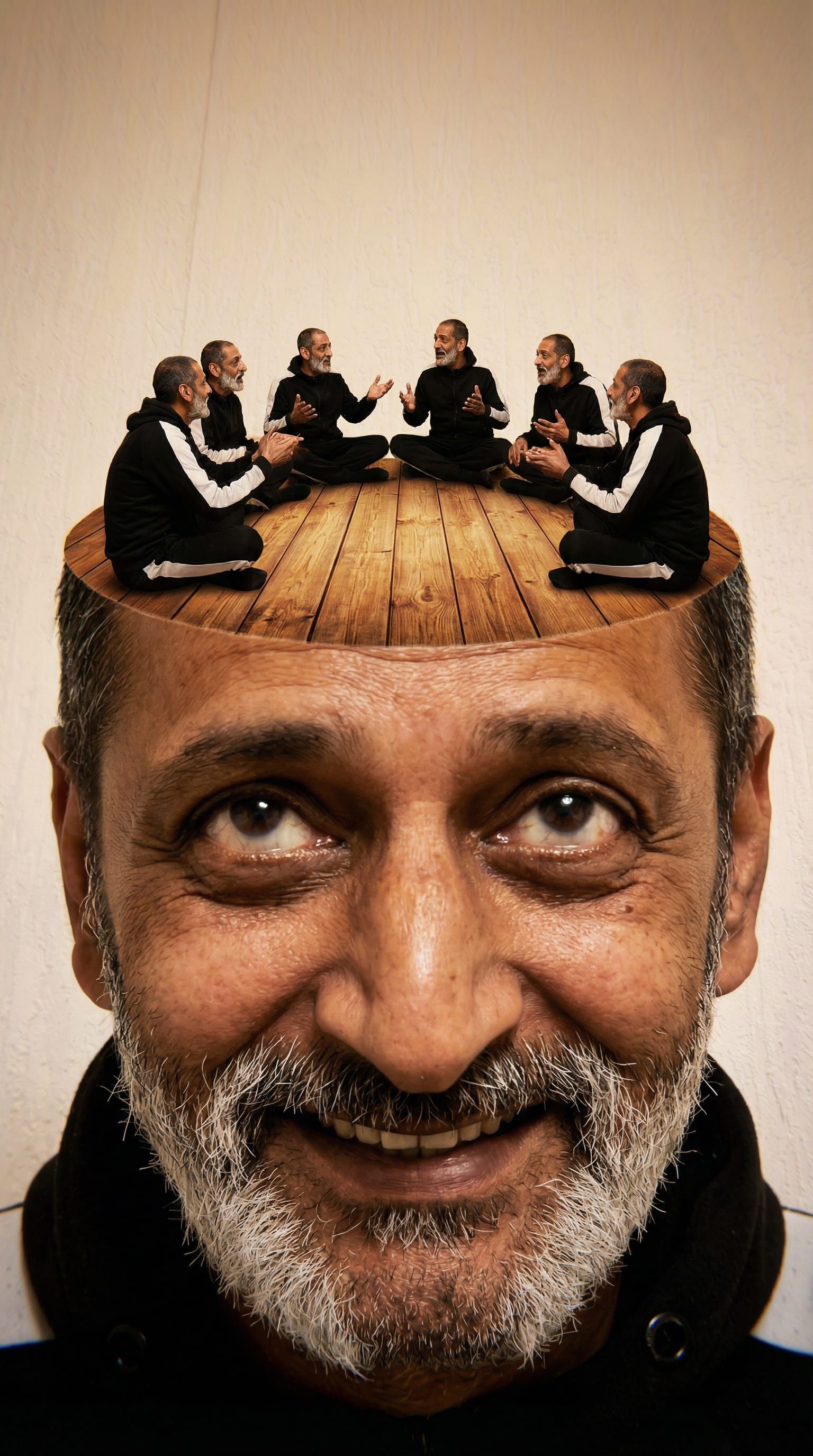 Surreal Man's Head Opens to Reveal Discussion Group