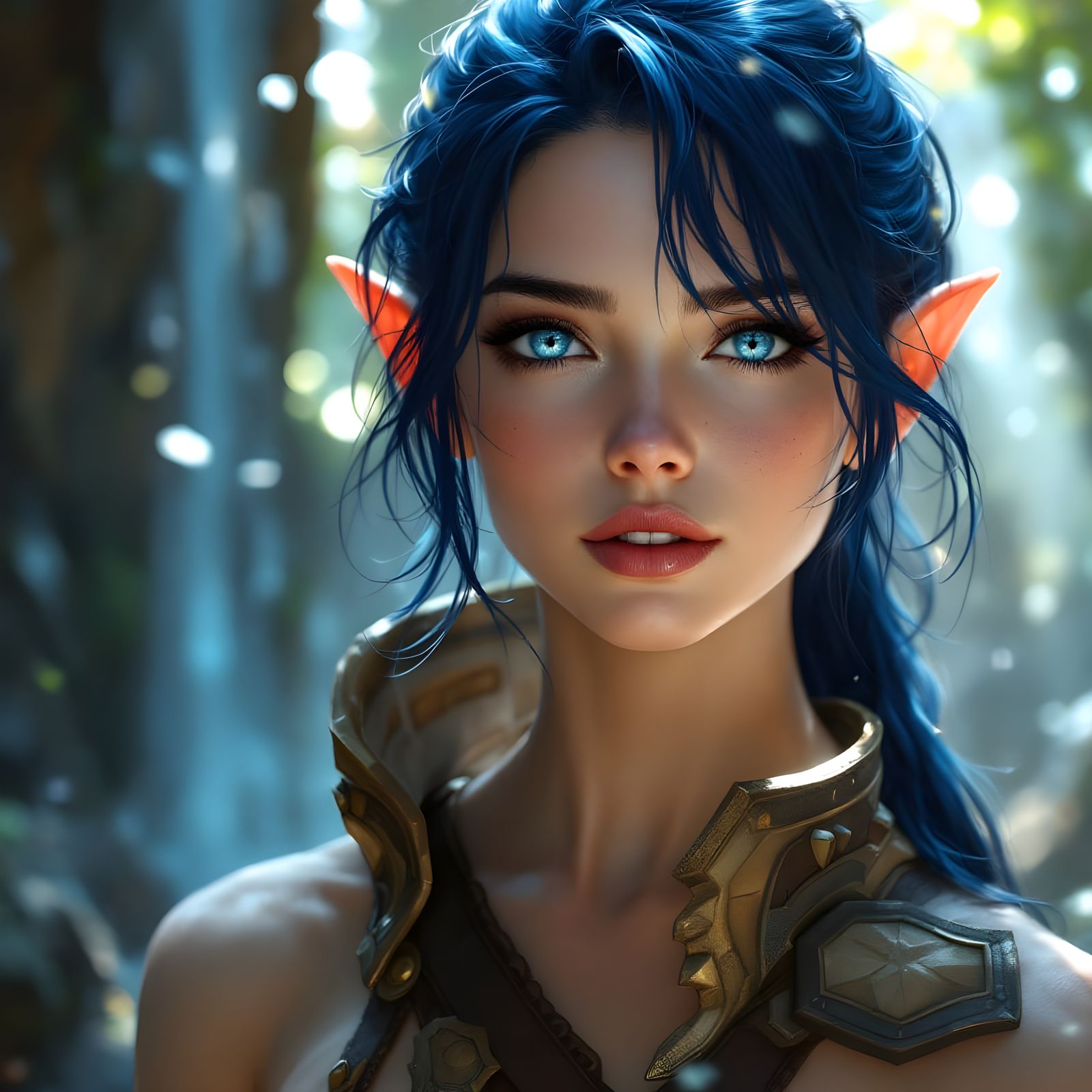 Vibrant Elf Maiden Basks in Sunny Waterfall Forest