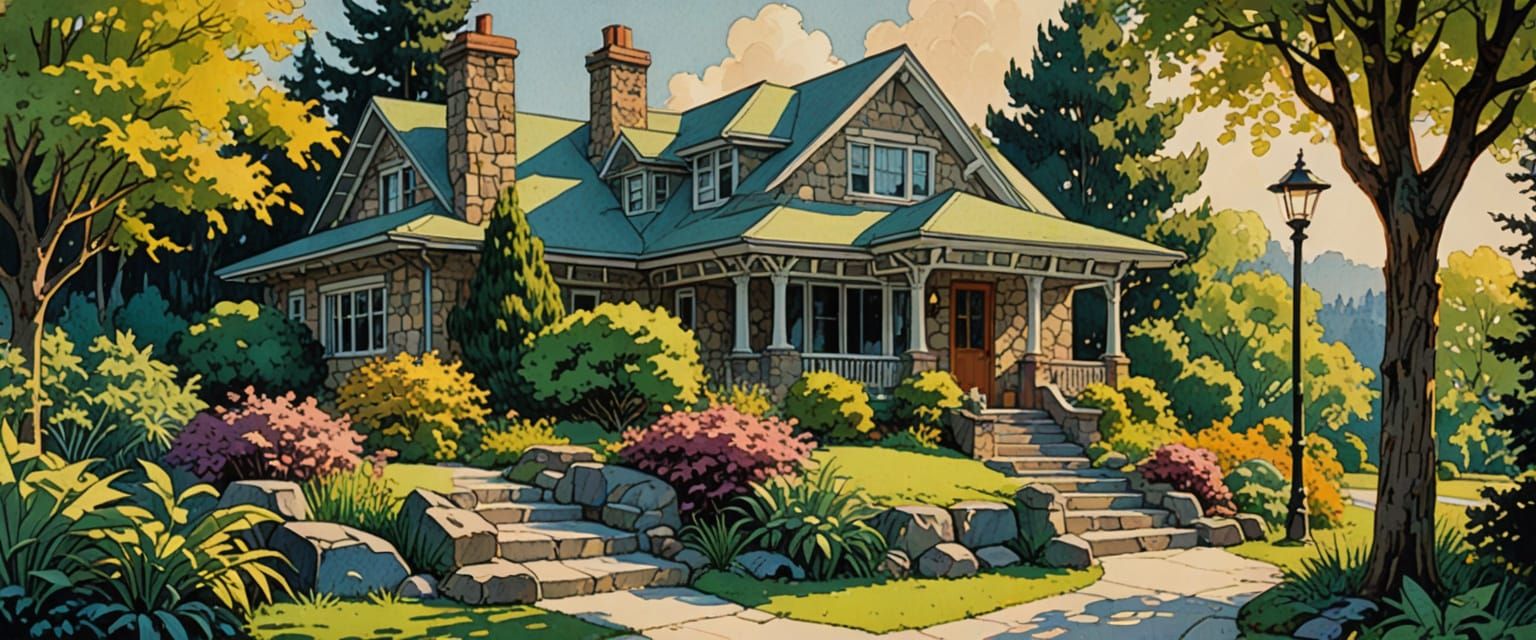 Mid-Century Modern Home in Comic Book Style