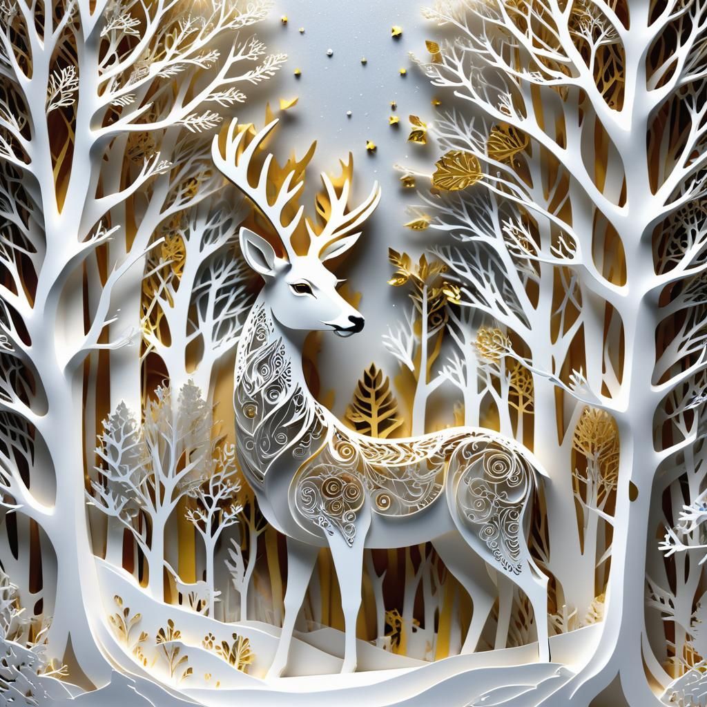 Kirigami White Deer in Snowy Forest