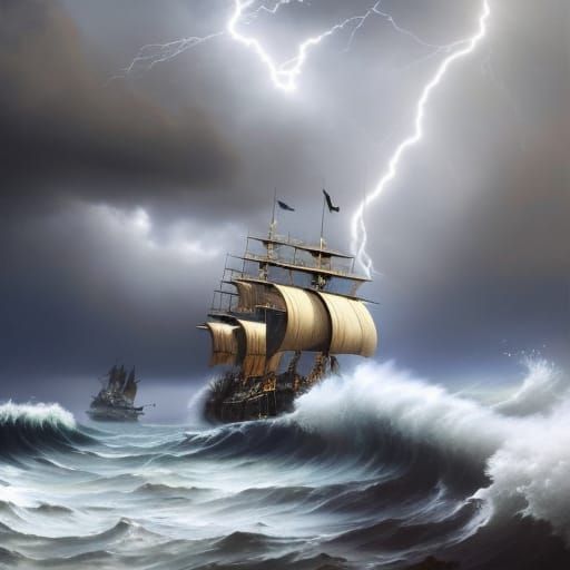 Pirate Ship Amidst Electric Storm: Digital Illustration