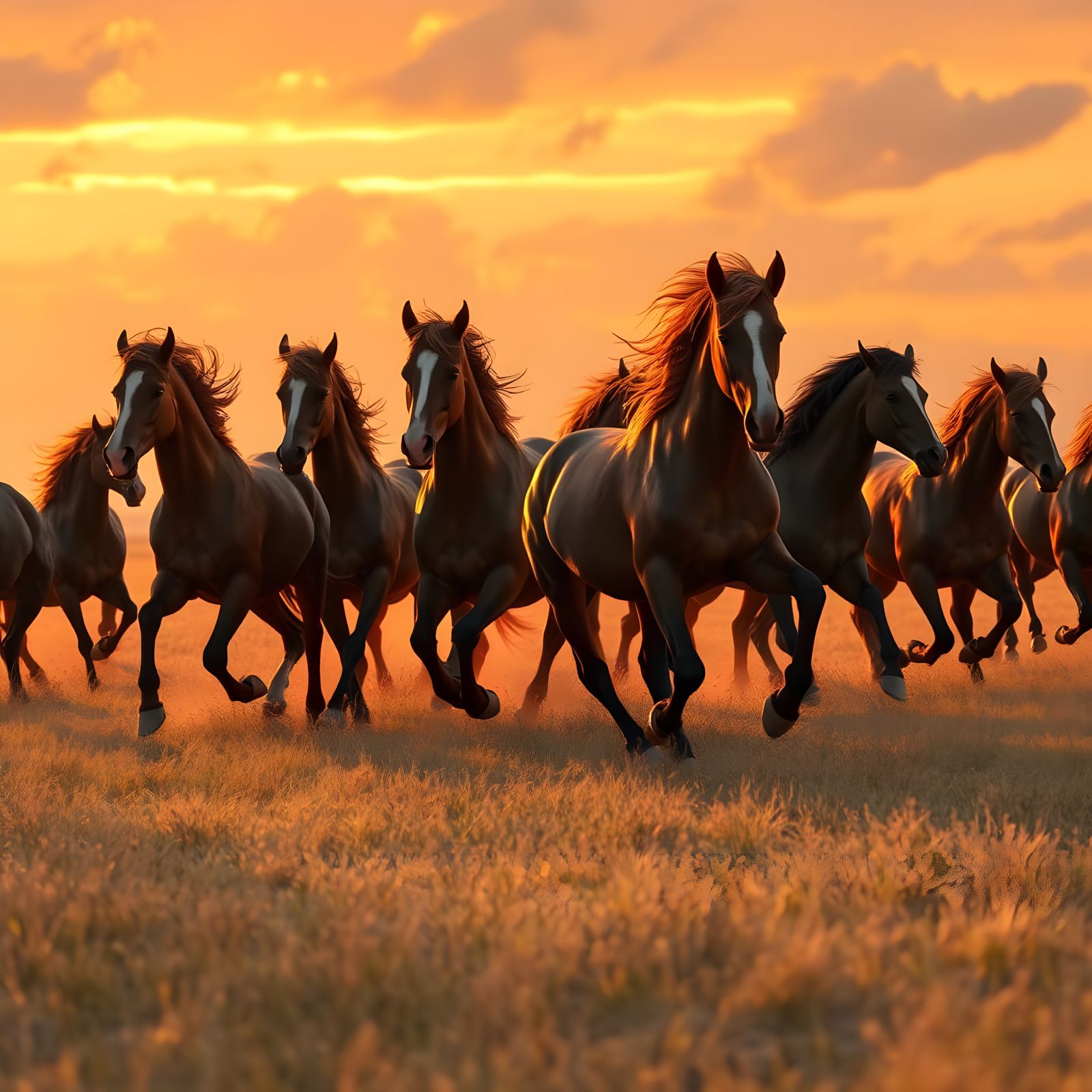 Wild Mustangs Galloping Across Golden Prairie at Sunset