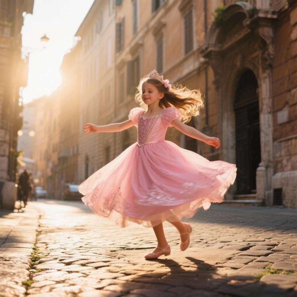 Girl in Pink Dress Dancing in Sunlit Rome Street