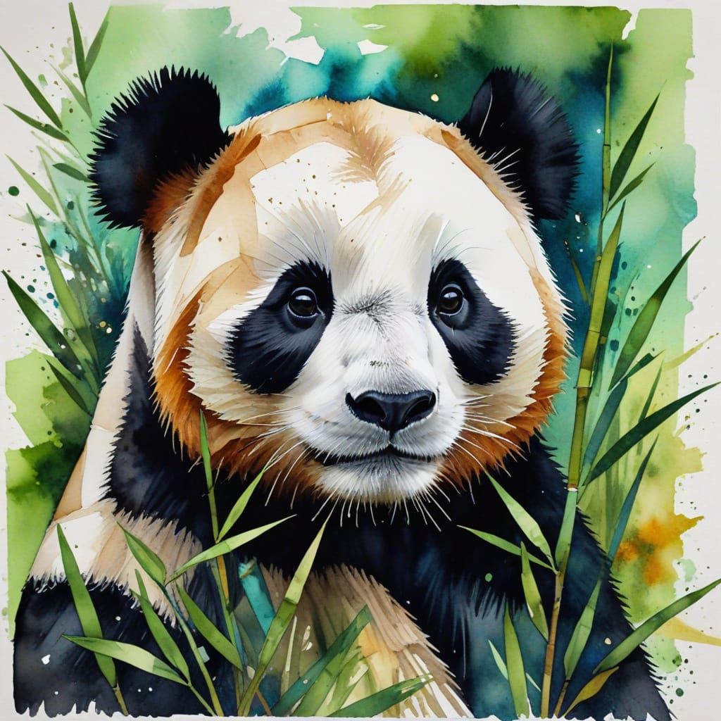 Panda in Bamboo Field: Geometric Abstract Watercolor