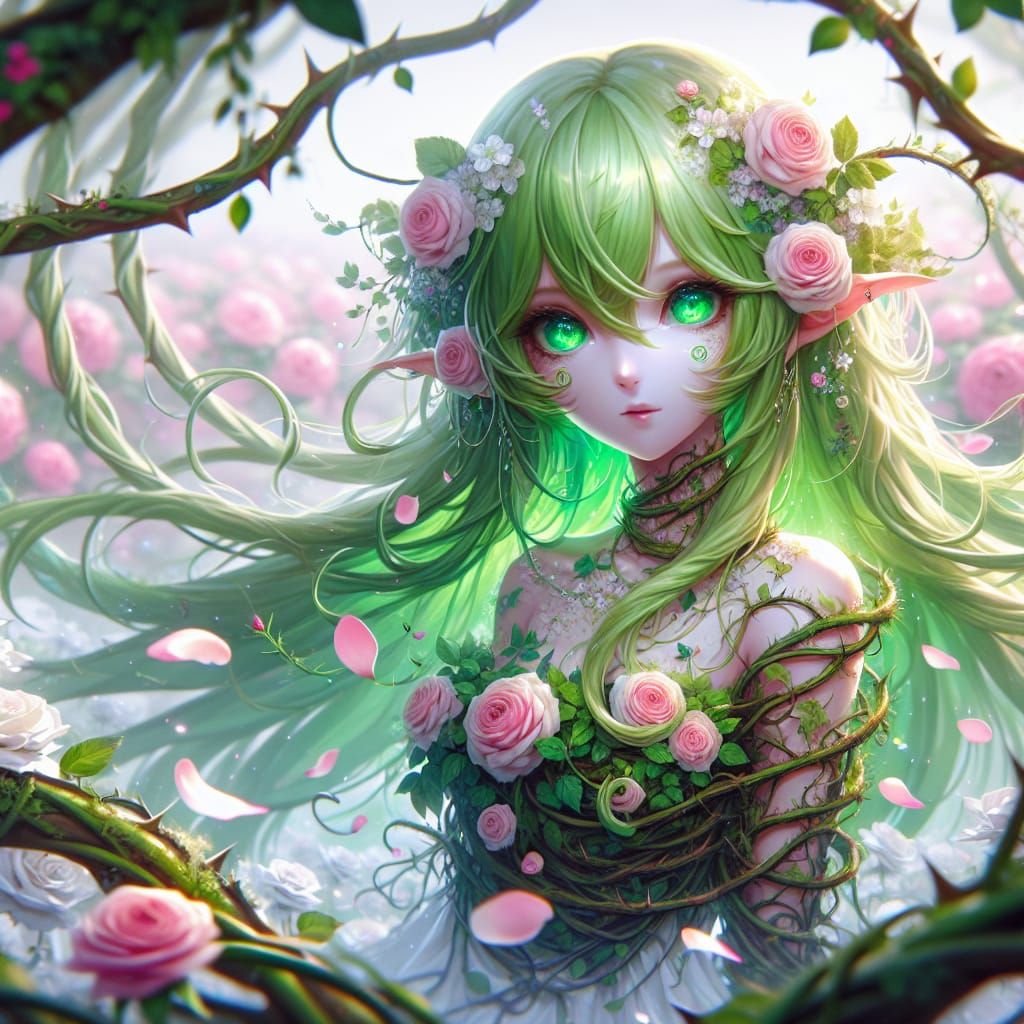 Anime Dryad in White Rose Garden