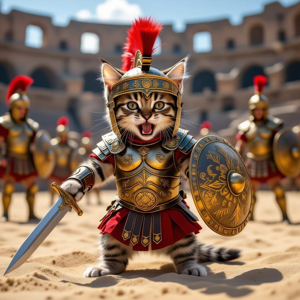 Tabby Kitten Gladiator in Roman Armor