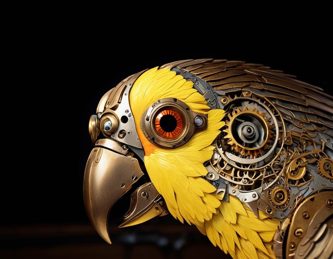 Steampunk Mechanical Parrot in Dimly Lit Workshop