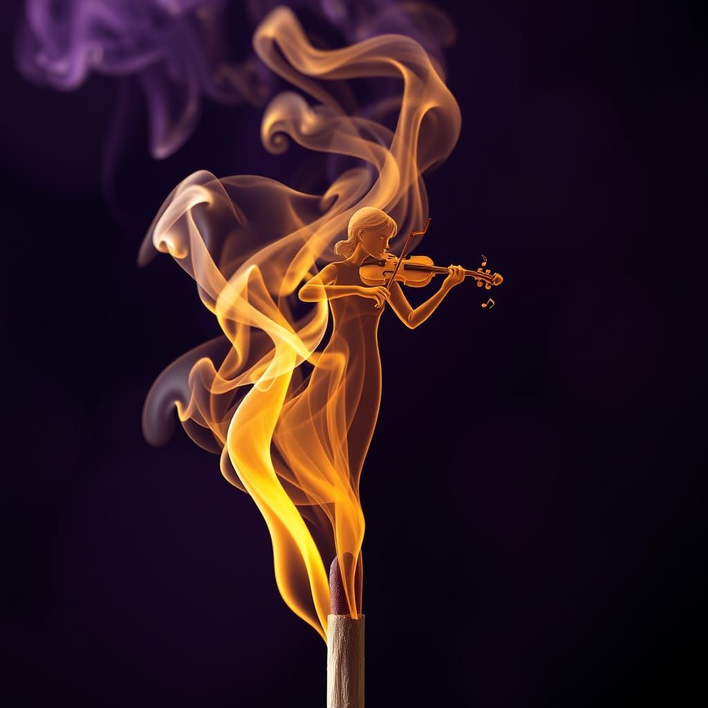 A detailed and intricate figure made of smoke rising from a matchstick, resembling a person playing the violin, with mus...