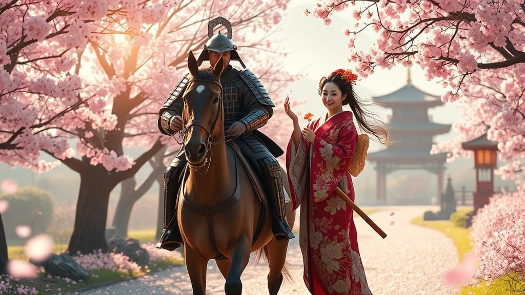 Samurai and Geisha in Cherry Blossom Garden