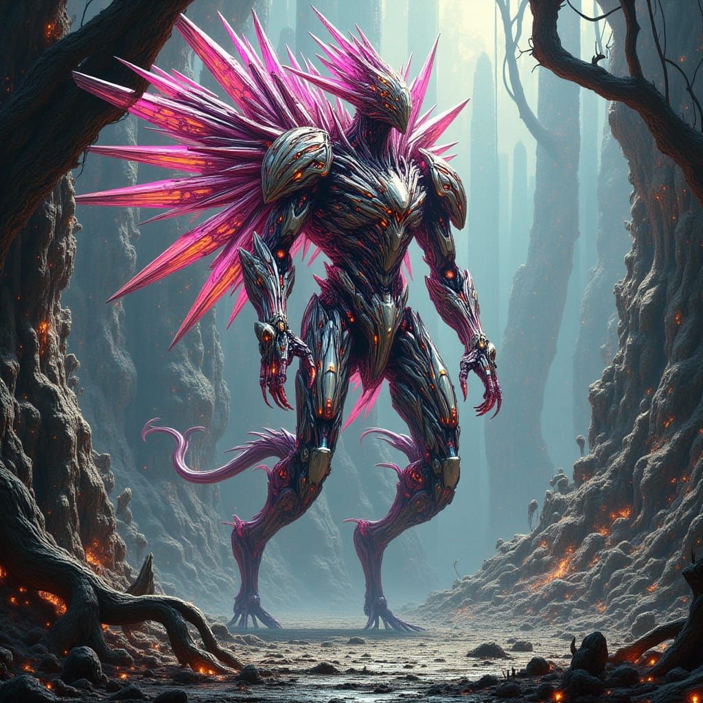 Biomechanical Chimeric Figure with Crystalline Ornaments