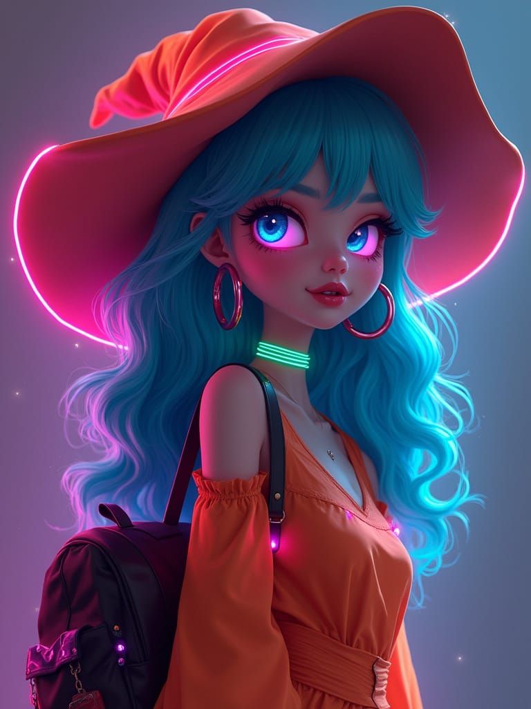 Futuristic Witch Caricature in Retro Cyberpunk Style