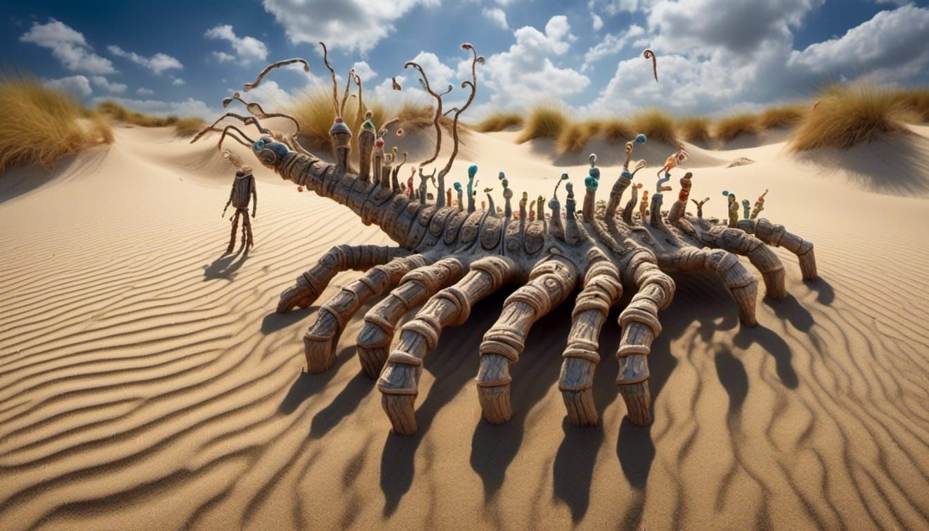 Surreal Finger-Caterpillar Walks Iridescent Dunes