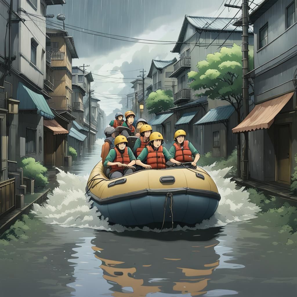 Geologists Explore Flooded City in Ghibli Style