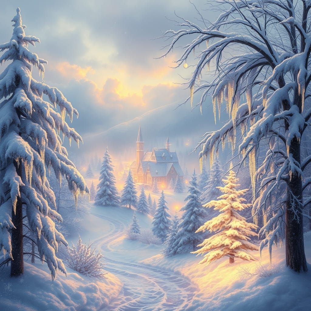 Mystical Winter Wonderland Scene in Enchanting Fantasy Style