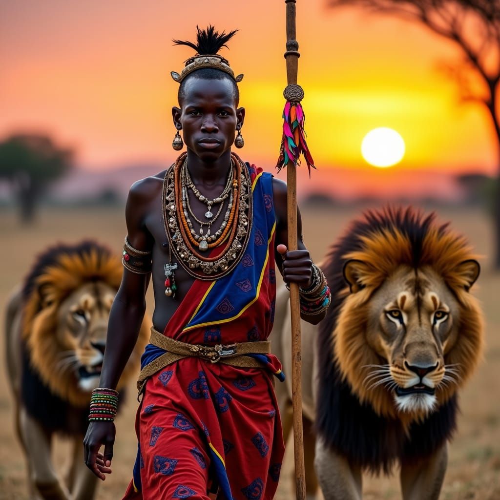 Maasai Warrior Accompanied by Lions at Sunset