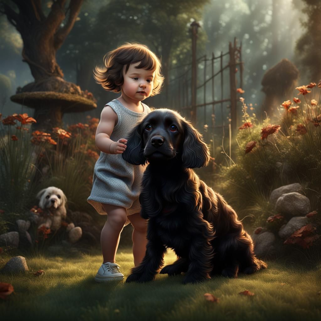 Baby and Black Cocker Spaniel: Fantasy Art