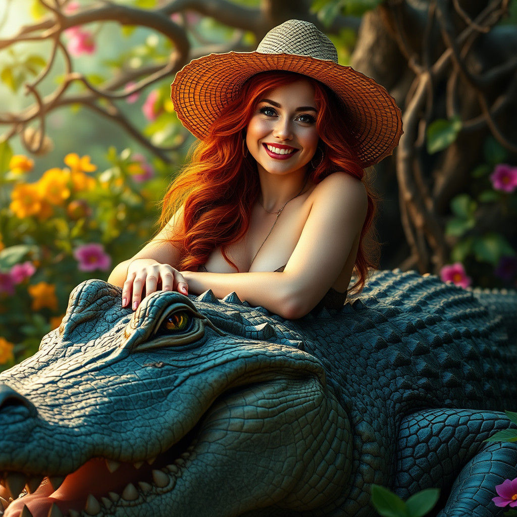 Redhead Woman Rides Alligator in Fantasy Garden