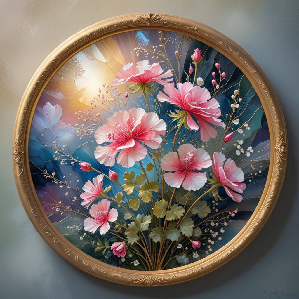 round sunny Stained-glass art, pink-Geranium with Babys breath flowers thin gold round picture frame. gold Lead lines an...