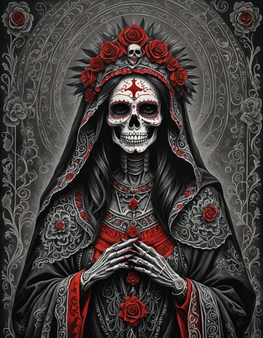 Surreal Mexican Folk Art of Saint Death in Moody Charcoal