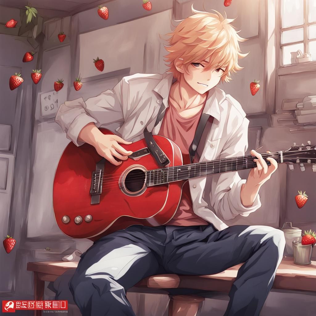 Strawberry Blonde Man Playing Guitar in Anime Style