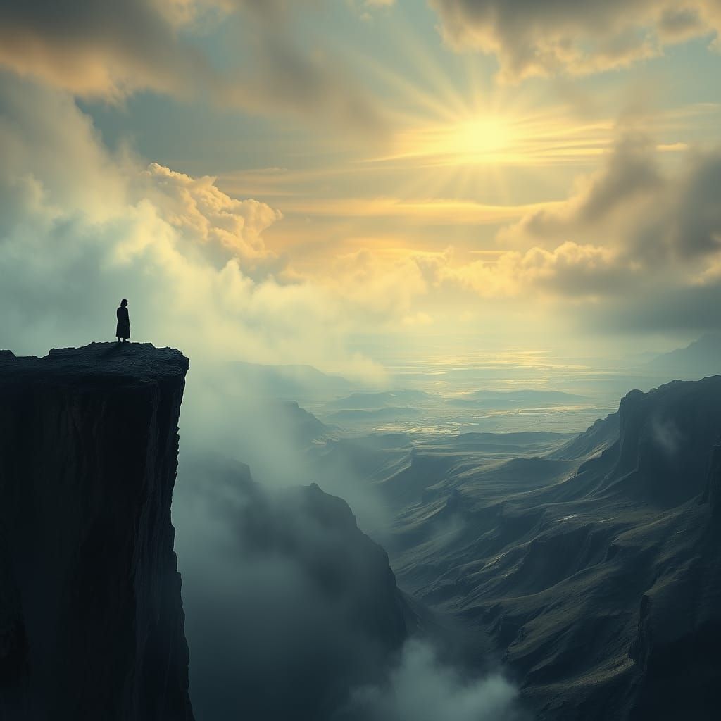 Spectral Figure Stands at Precipice in Haunting Surreal Land...