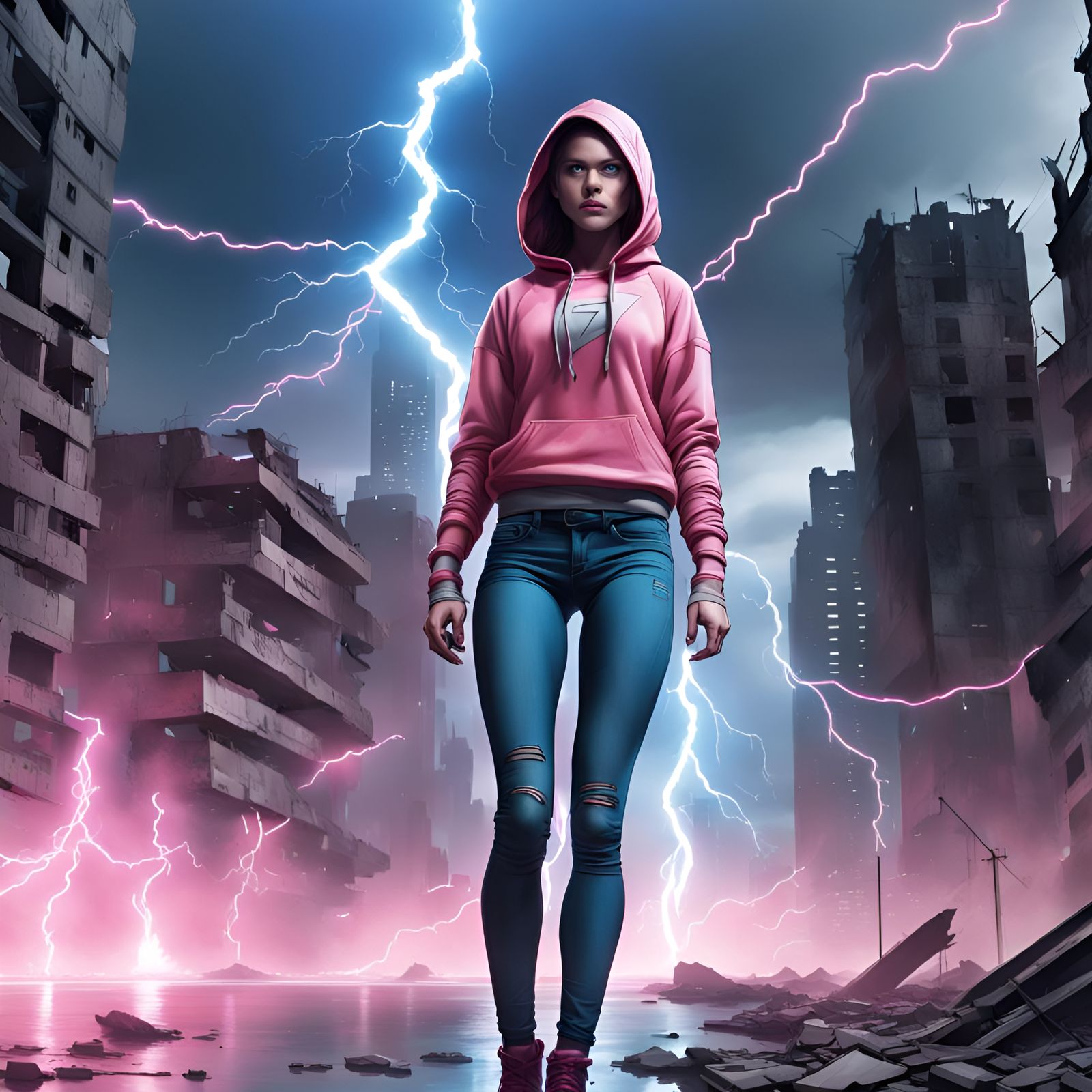 Dystopian Superhero in High-Tech City Ruins