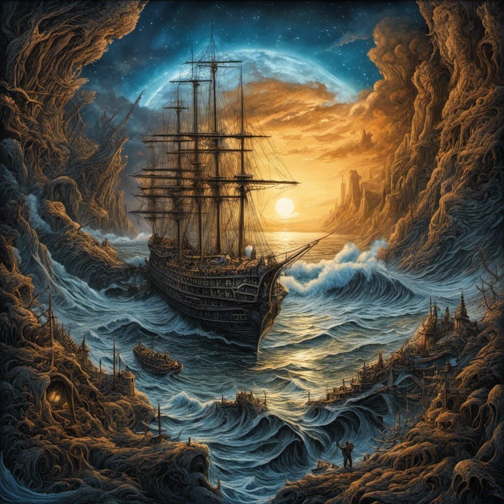 Winter Seascape Shipwreck Ink Drawing