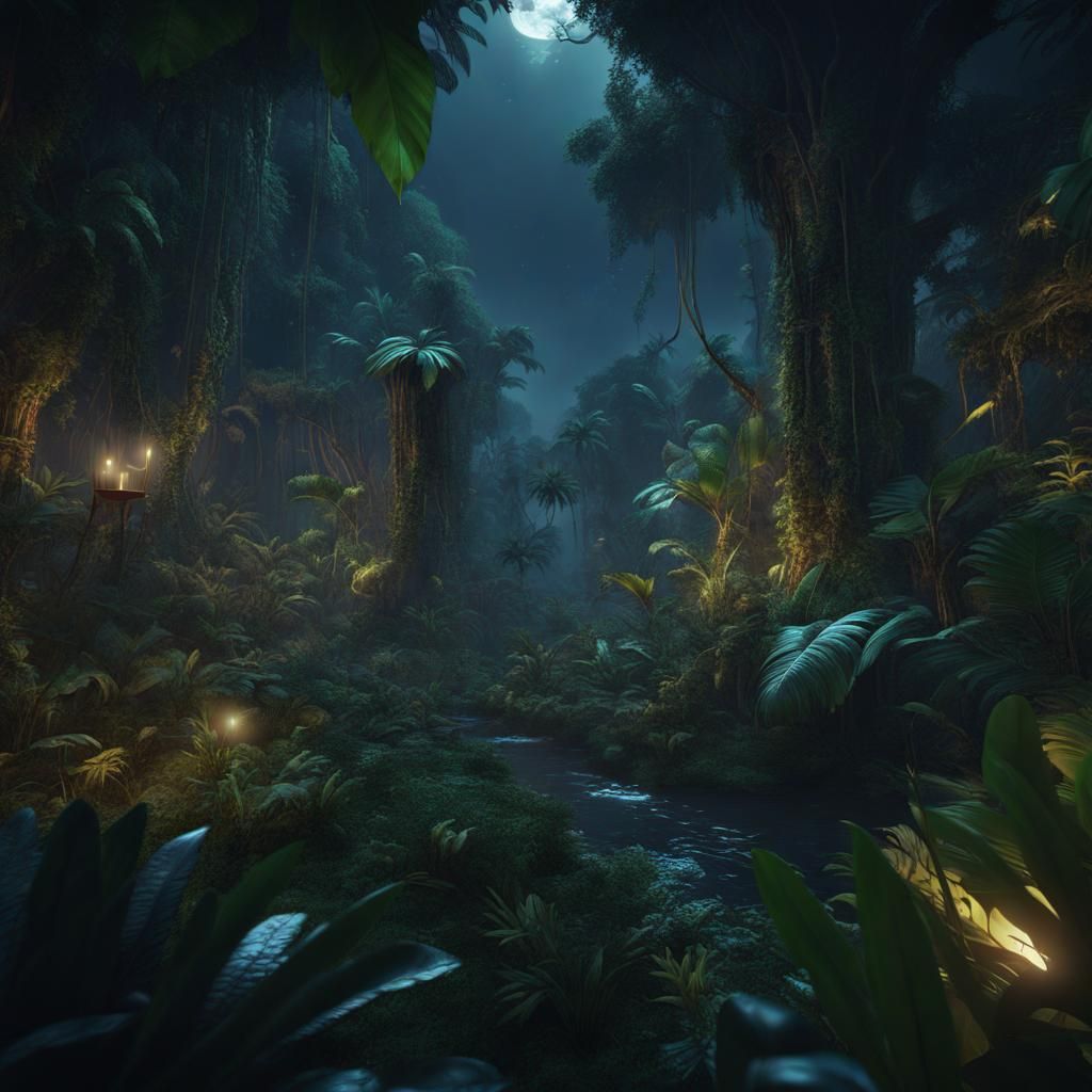 Lush Jungle at Night in Detailed Matte Painting