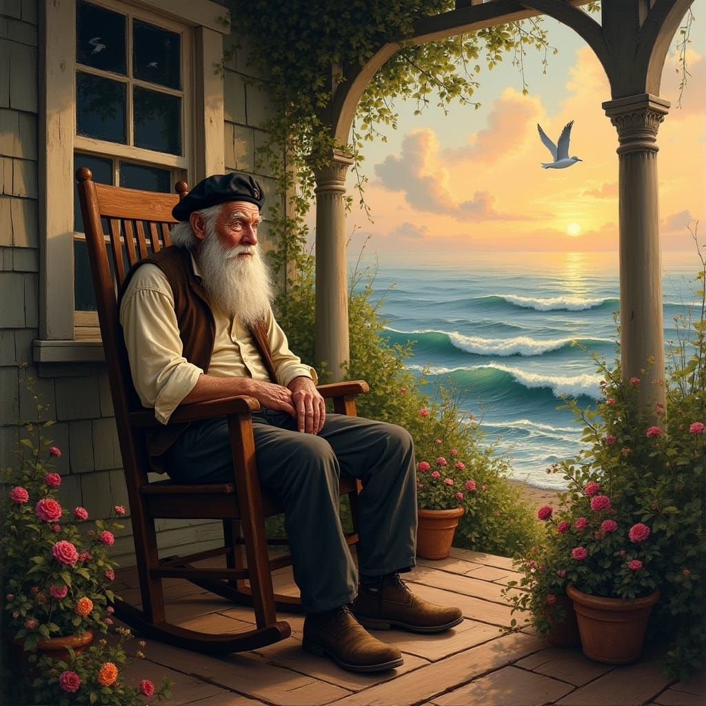 Old Sailor Recounts Tales as Detailed Oil Painting