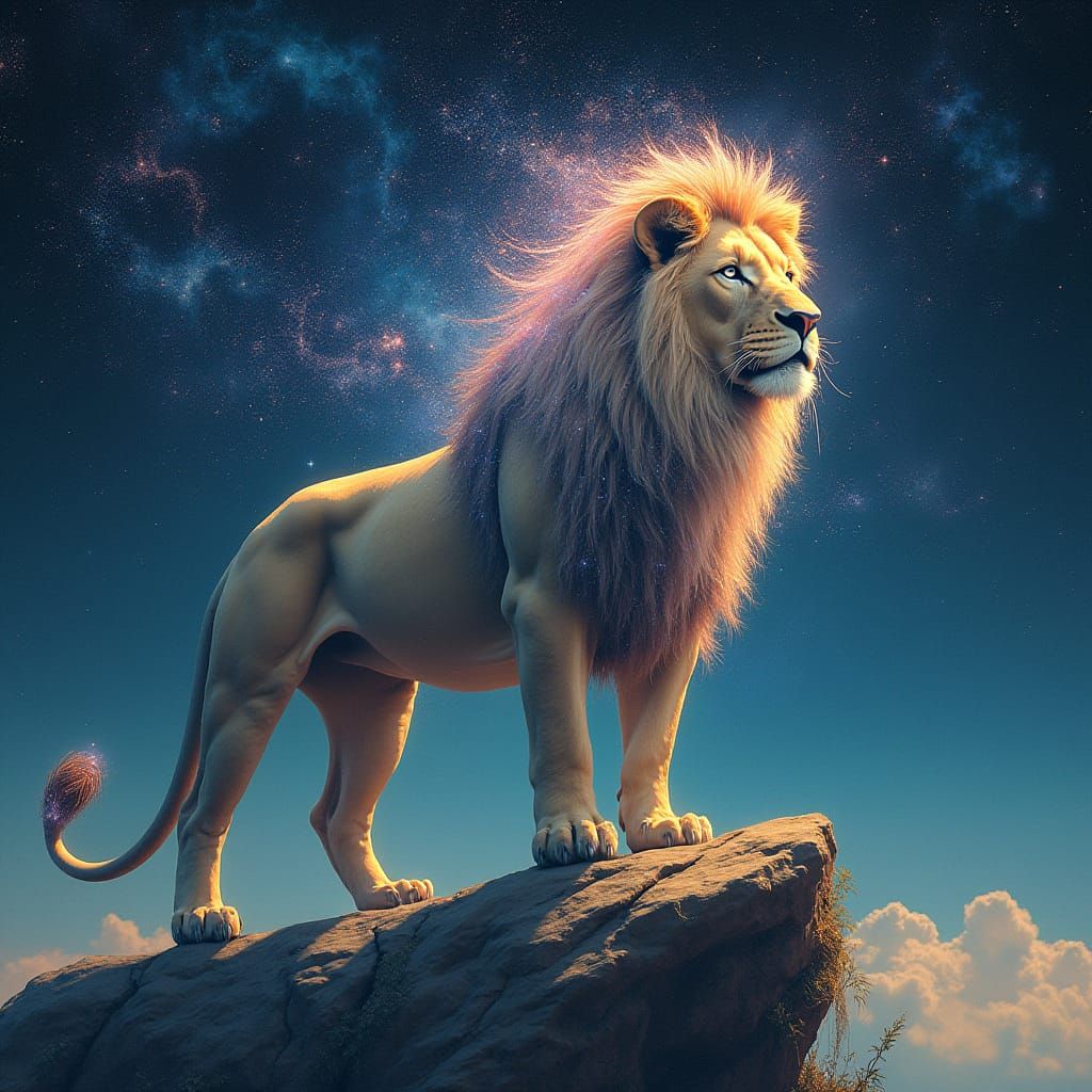 Lion with Starlight Mane in Cosmic Surrealism Style