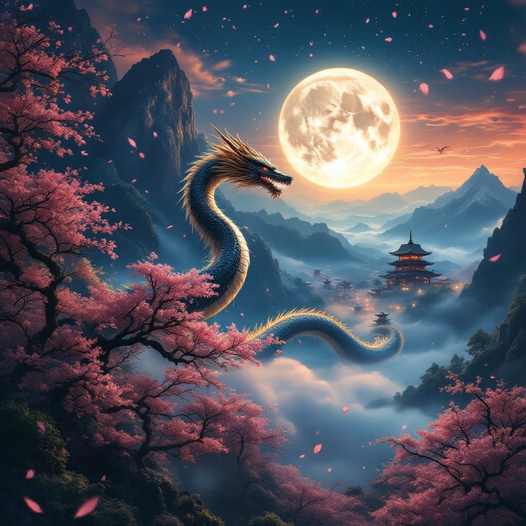 Dragon's Flight Over Misty Japanese Landscape