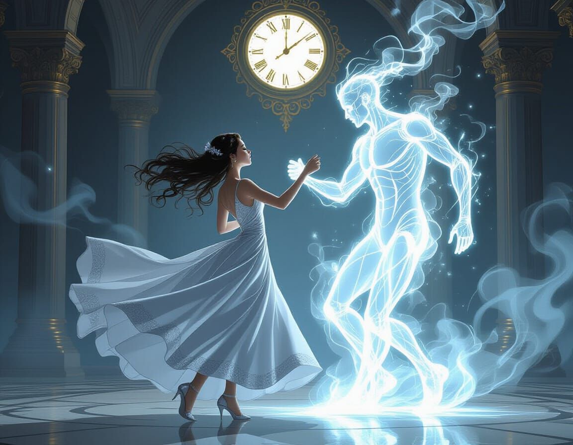 Young Woman Dances With Smoke Partner At Midnight