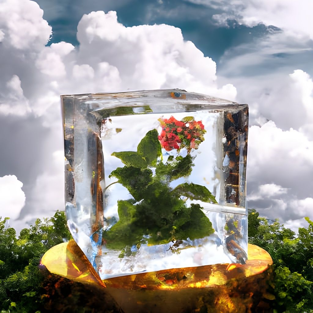 Iced Borg Cube with Flowers Orbiting Earth