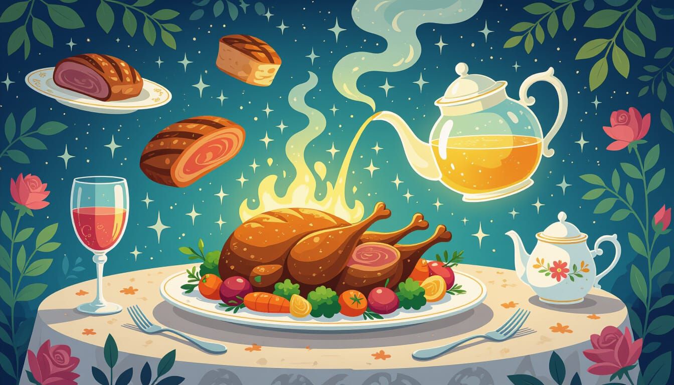 Enchanted Feast Levitation in Dreamlike Fantasy Style