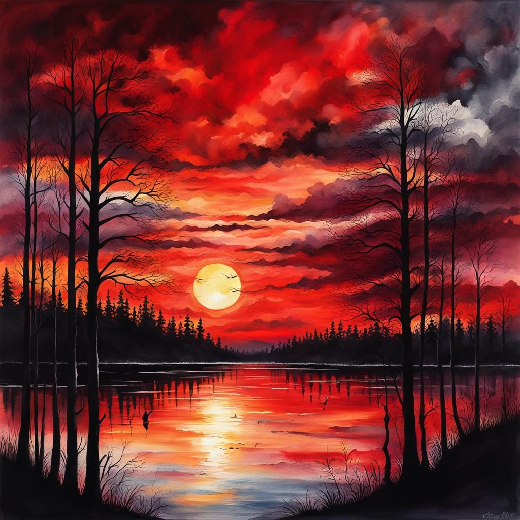 Gothic Sunset Over Forest Lake in Oil, Watercolor, Ink
