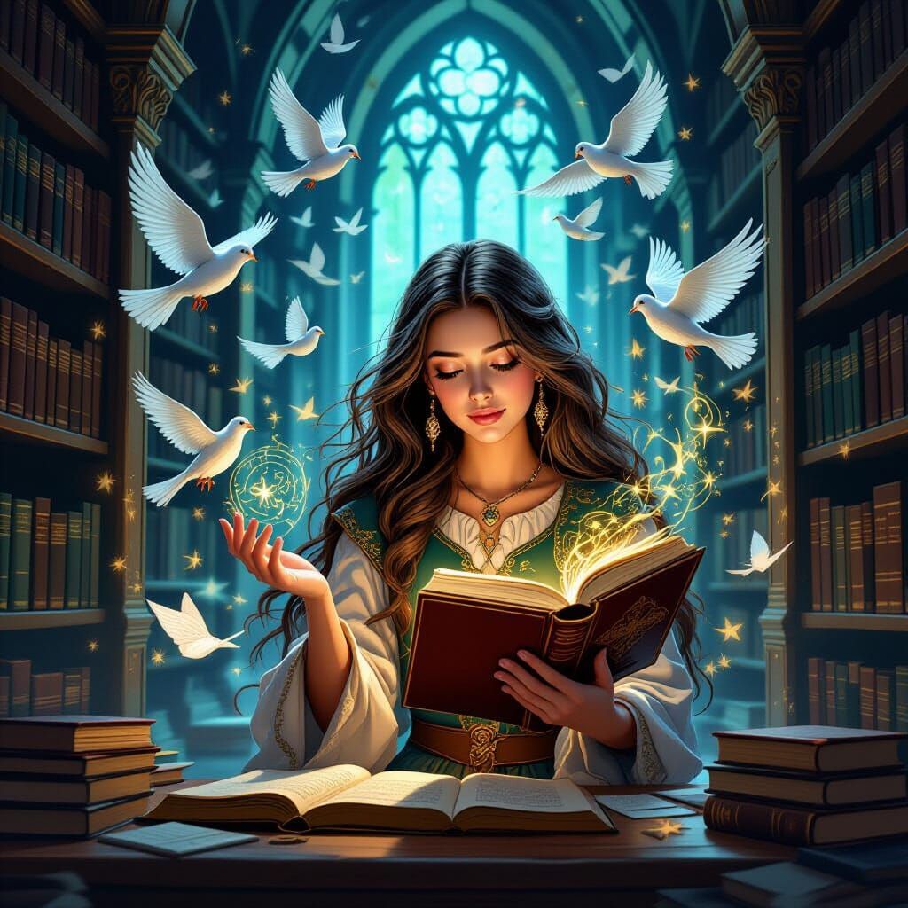 Enchanted Library with Flying Books and Scholar