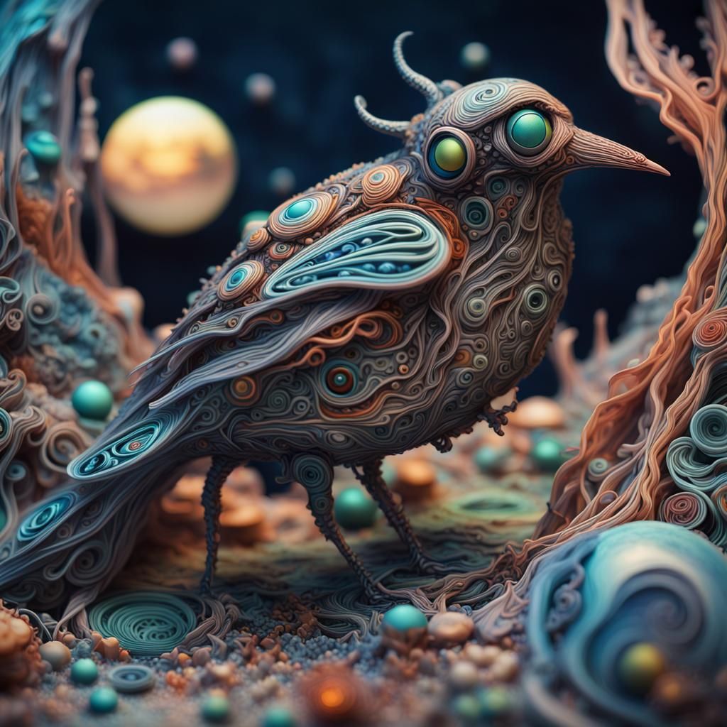 Cyberpunk Bird Exploring Alien World in Moonlight