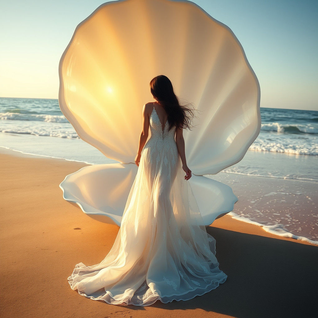 Ethereal Woman Emerges from Giant Clamshell
