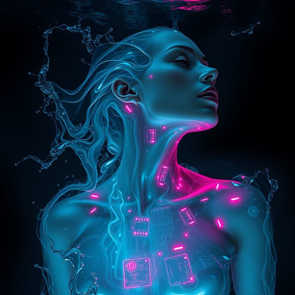 Water Woman With Neon Circuits